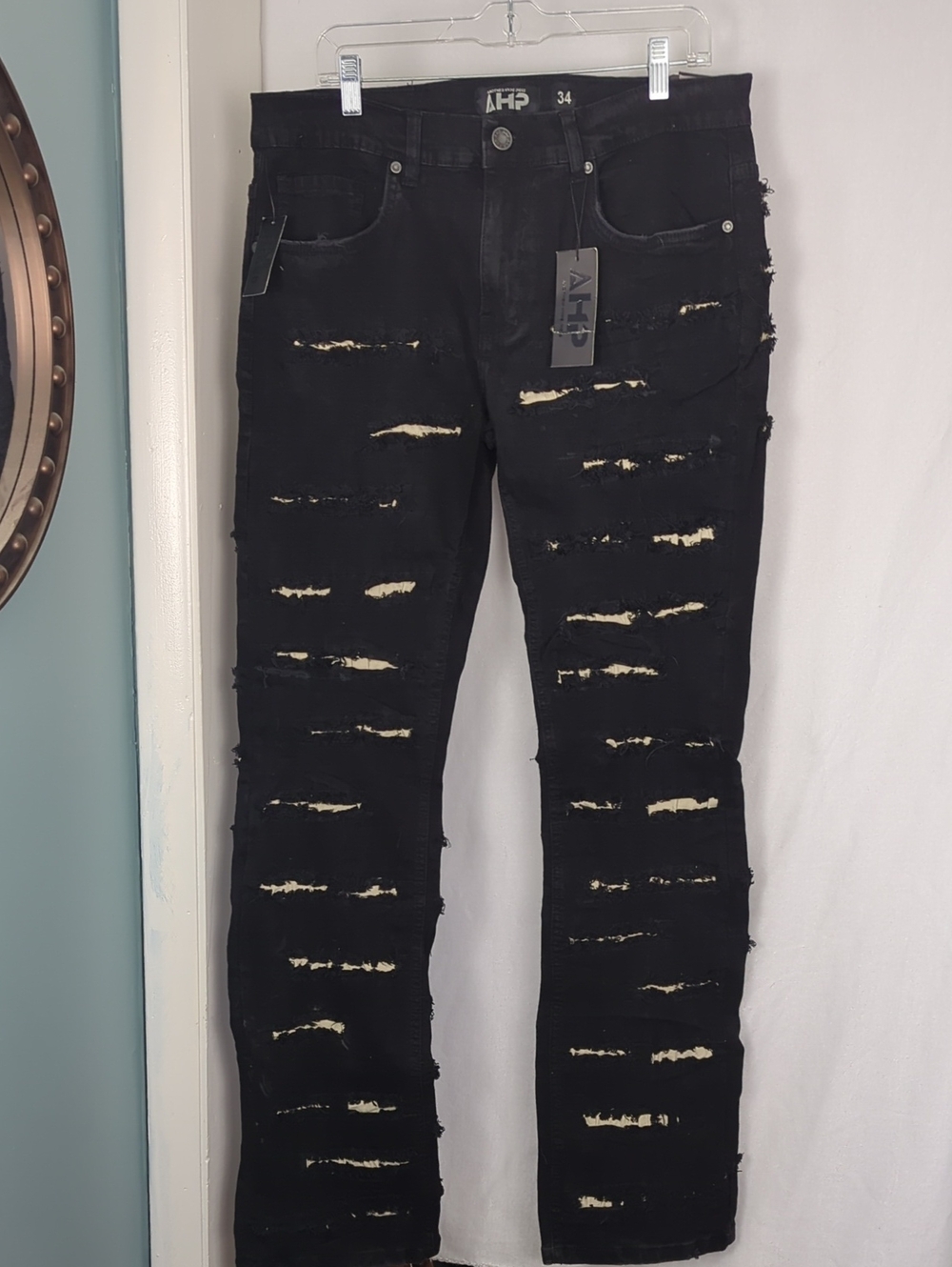 AHP Men's Black Denim Distressed Stacked Tear Slim Straight Jeans